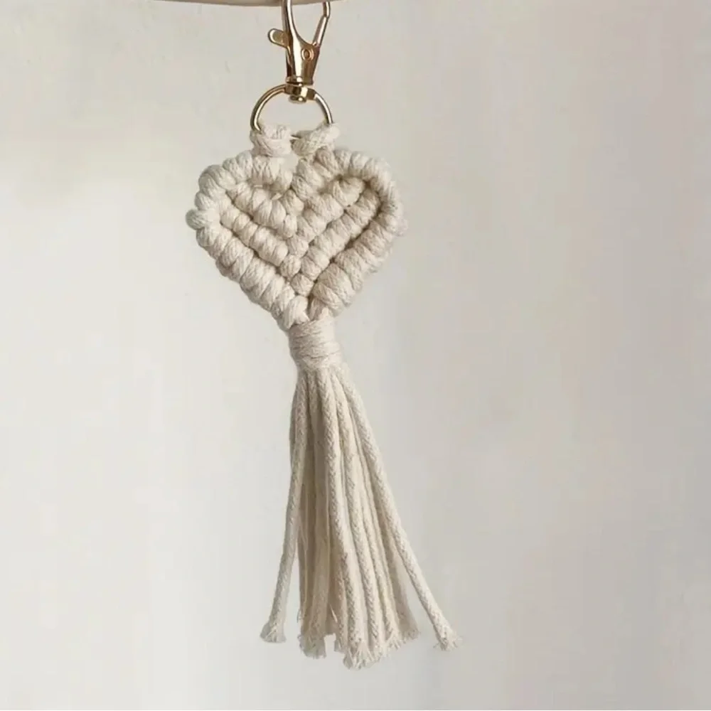 ANTHROPOLOGIE Macrame Heart Bag Charm Keychain Bohemian Purse Jewelry NEW NWT